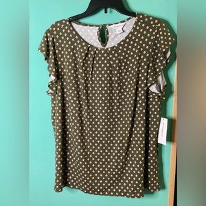 Liz Claiborne Olive Green Geometric Flutter Sleeve Top Size XXL NWT